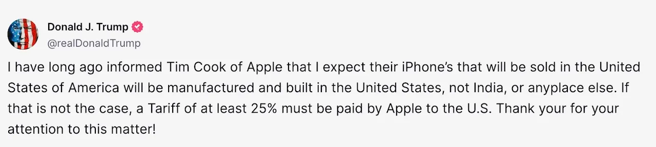 Trump threatens 50% tariffs on EU goods, demands 25% import tax on iPhones