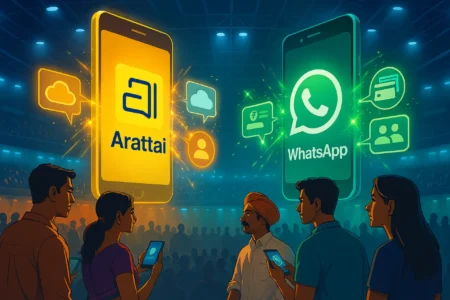 Can India’s Arattai messaging app challenge WhatsApp’s dominance? Indian students using Arattai messaging app on smartphones, representing the app’s rapid viral adoption and government promotion in India.