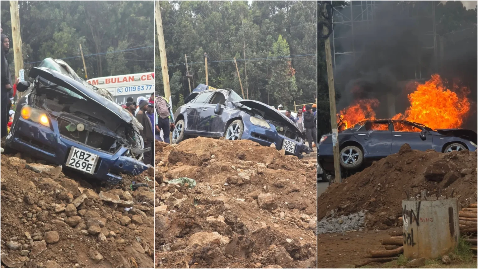 Three dead as car hits bystanders and is set ablaze by residents on Ngong Road Three dead as car hits bystanders and is set ablaze by residents on Ngong Road